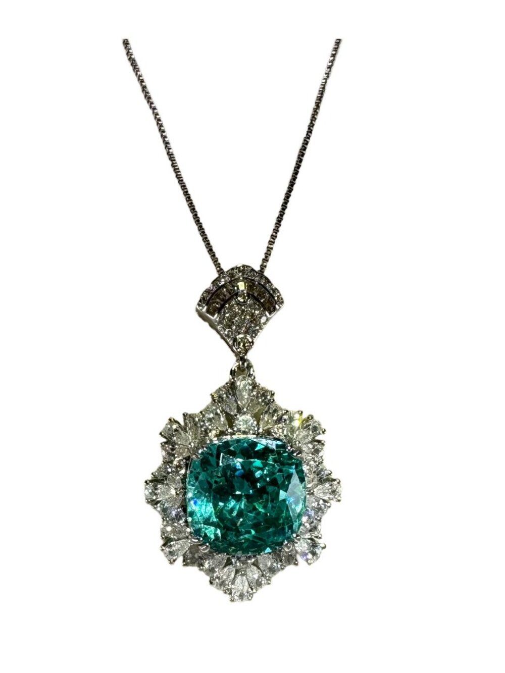 Rhodium Pltd Paraiba Green Birds Nest Cut CZ Halo Pendant Necklace 18+2" 11.64g